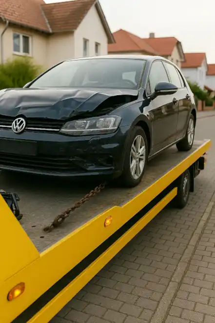 Ein defektes Fahrzeug wird für den Autoankauf in Weiterstadt abgeschleppt, um den Verkaufsprozess reibungslos abzuwickeln.